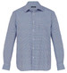 A blue and white check button-up shirt with long sleeves and a classic collar. It features a logo on the chest.