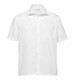 A white button-up shirt with a short sleeve and a chest pocket, featuring a logo on the collar.