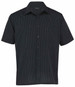 A short sleeve men's button-up shirt in black with thin stripes, featuring a pocket and a logo on the label.