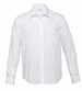 A white long sleeve button-up shirt for men with a single chest pocket and a branded logo.