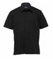 A black short sleeve button-up shirt for men with a single chest pocket and a logo.