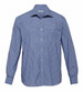 A blue and white check button-up shirt for men with a chest pocket and long sleeves. Features a logo on the collar.