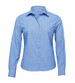 A women's button-up shirt featuring a light blue and white striped design. It has a collared neckline and long sleeves.