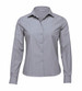 A women's button-up shirt featuring grey and white stripes, with a collared neckline and long sleeves. It has a logo.