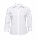 A white women's button-up shirt with long sleeves, featuring a collar and a logo.