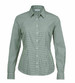 A women's button-up shirt in a green check pattern with a classic collar and long sleeves.