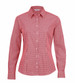 A red and white check patterned button-up shirt for women, featuring long sleeves and a collar.
