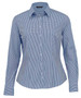 A blue and white checked button-up shirt with a collared neckline and long sleeves, featuring a logo.