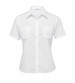 A white short-sleeved button-up shirt featuring two chest pockets and a logo on the collar.