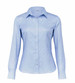 A light blue button-up shirt for women, featuring long sleeves and a collar, with a branded logo.