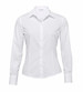 A white women's button-up shirt with long sleeves and a fitted design, featuring a branded logo.