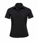 A black short sleeve button-up shirt for women featuring a collar and front buttons. It has a logo on the label.