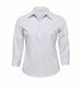 A white button-up shirt with a collared neckline and three-quarter sleeves, featuring a subtle striped pattern and branding.