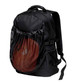 A black backpack featuring a mesh pocket holding a basketball. It has adjustable straps and additional compartments.