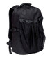 A black backpack featuring a mesh side pocket and a sturdy handle on the top. It includes a logo on the front.