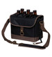 A drink bottle cooler in black and brown, featuring a shoulder strap and compartments for holding multiple bottles.