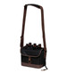 A drink bottle cooler in black and brown, featuring a shoulder strap and holding multiple bottles. It has a logo on the front.
