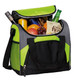 A drink bottle cooler bag in black and bright green, filled with drinks and snacks, featuring an open top and sturdy handles.