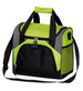 A drink bottle cooler bag in vibrant lime green and black, featuring a zippered main compartment and front pocket.