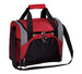 A drink cooler bag featuring a red and grey design, with black accents and a detachable shoulder strap.