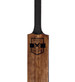 A wooden cricket bat with a black grip and a logo on the blade.