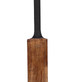 A wooden cricket bat with a black grip, featuring a logo. The bat has a polished finish and smooth edges.