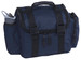 A dark blue bag with a shoulder strap, featuring a water bottle pocket and multiple zip compartments.
