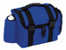 A blue insulated bag with black straps and a side pocket holding a drink bottle. It features multiple zippered compartments.
