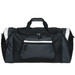 A black and grey duffle bag with multiple compartments and a prominent logo on the front.