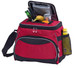 A red cooler bag with a black base, filled with drinks and a banana, featuring a side mesh pocket and zipper.