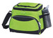A green cooler bag with a black zippered compartment and a side mesh pocket for a drink bottle.