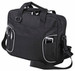 A black laptop bag featuring multiple pockets and a shoulder strap. It includes a logo on the front.