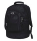A black backpack with multiple zippered compartments and adjustable straps, featuring a sturdy handle on top.