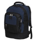 A navy blue and black backpack with multiple pockets and a handle on top, featuring a logo.