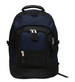 A navy and black backpack with multiple zippered compartments and adjustable straps. It features a handle on top and branding.