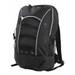 A black backpack featuring padded sections, zippered compartments, and mesh side pockets, with a logo on the front.