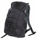 A black backpack with a padded back, multiple zippered compartments, and side mesh pockets. It has a logo.