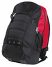 A black backpack with red interior, featuring zippers, mesh pockets, and a logo.