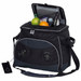 A black and grey cooler bag with two speakers, filled with fruits and beverages, featuring a shoulder strap and a zippered top.