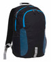 A black backpack with blue accents and mesh side pockets, featuring adjustable straps and multiple compartments.