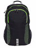 A black Grommet Backpack with green accents and mesh side pockets, featuring a logo on the front.