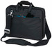 A grey laptop bag with a shoulder strap, featuring multiple compartments and a front pocket for a phone.