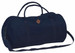 A navy blue duffle bag with dual handles, a shoulder strap, and a logo patch on the side.