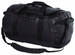 A black duffle bag with sturdy handles and a removable shoulder strap, featuring a logo on the side.