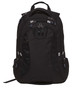 A black backpack with several compartments and zippers, featuring a logo, ideal for carrying various items.