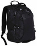 A black backpack with multiple compartments, zippers, and padded shoulder straps. It features a logo and a sturdy handle.
