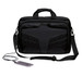 A black laptop bag with a sleek design, featuring adjustable straps and a device charging cable.