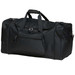 A black duffle bag with a front zipper pocket and dual handles for carrying. It features a logo on the side.