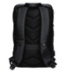 A black backpack featuring a padded back and adjustable straps, with a logo present.