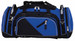 A large duffle bag in black and blue, featuring multiple zippers and compartments, with a logo on the front.